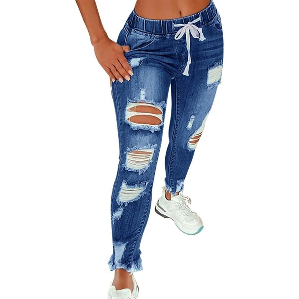 Women High Waist Skinny Ripped Denim Jeans Plus Size Dark Blue